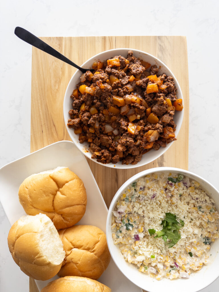 Sloppy Joes with our high-protein Mexican Street corn salad