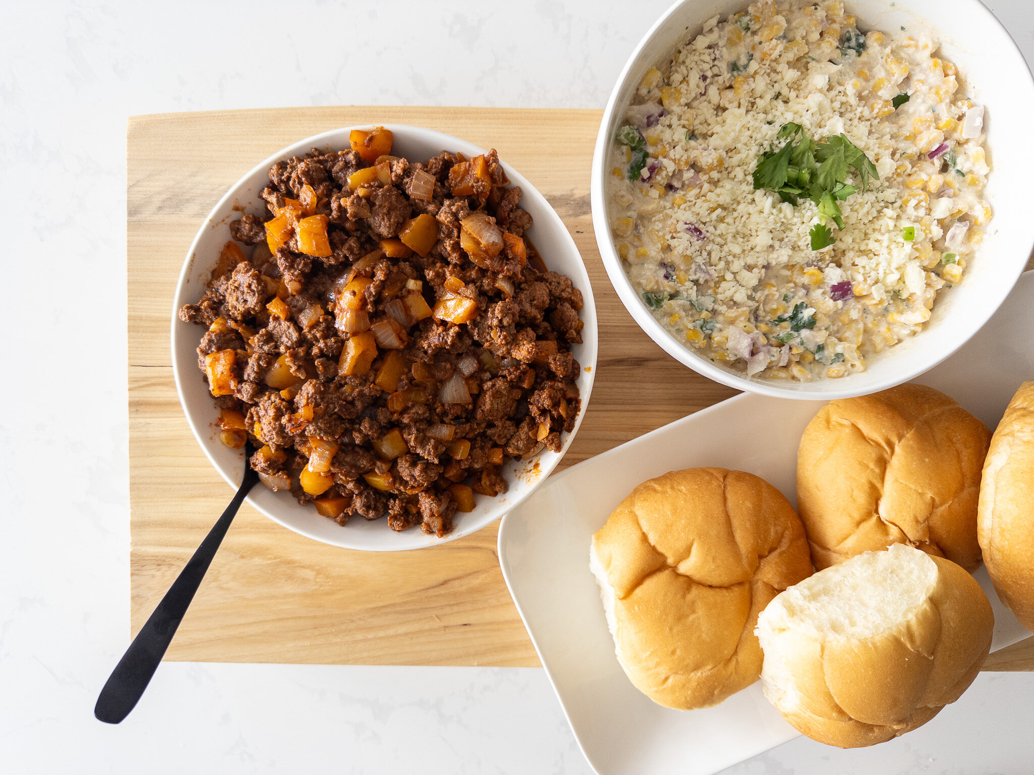 Sloppy Joes with our high-protein Mexican Street corn salad